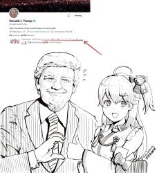 Rule 34 | 1boy, 1girl, :d, ^^^, ahoge, artist name, bell, bow, commentary, detached sleeves, donald trump, dress shirt, english commentary, fallenspherell, formal, greyscale, hair bell, hair ornament, hair ribbon, hand up, heart hands failure, highres, hololive, inset, japanese clothes, jingle bell, long hair, long sleeves, looking at viewer, monochrome, necktie, nontraditional miko, old, old man, open mouth, politician, real life, ribbon, sakura miko, sakura miko (1st costume), screencap, shirt, sleeveless, sleeveless shirt, smile, suit, tassel, thumbs up, twitter username, virtual youtuber, white background, wing collar, x hair ornament