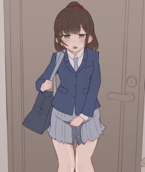 Rule 34 | 1girl, bag, between legs, blue jacket, blue necktie, blush, breasts, brown background, brown hair, door, ear blush, embarrassed, female focus, grey eyes, grey skirt, half-closed eyes, hand between legs, hand up, have to pee, indoors, jacket, long hair, long sleeves, looking at viewer, miniskirt, necktie, open mouth, original, peeing, peeing self, pleated skirt, ponytail, school uniform, scrunchie, shirt, skirt, small breasts, solo, standing, sweat, taiya (pixiv 33530521), teeth, thigh gap, wet, wet clothes, white shirt