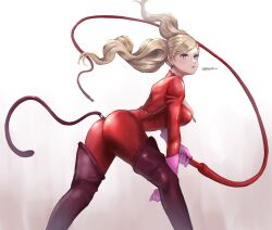 Rule 34 | 1girl, ass, bent over, blonde hair, blue eyes, bodysuit, boots, breasts, closed mouth, commentary request, earrings, elbow gloves, fake tail, floating hair, full-length zipper, gloves, gradient background, highres, holding, holding whip, jewelry, large breasts, long hair, panther tail, persona, persona 5, pink gloves, pppppknw, purple footwear, red bodysuit, solo, standing, stud earrings, tail, takamaki anne, thigh boots, twintails, twitter username, zipper