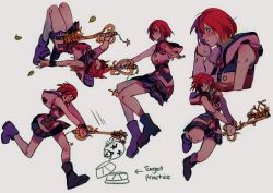 Rule 34 | 1girl, bare shoulders, belt, blue eyes, boots, breasts, character sheet, dirty, dress, english text, closed eyes, falling petals, fighting stance, full body, hair between eyes, holding, holding weapon, hood, hood down, hooded dress, kairi (kingdom hearts), keyblade, kingdom hearts, kingdom hearts iii, medium breasts, multiple views, open mouth, petals, pink dress, pleated dress, purple footwear, red hair, sera (serappi), short dress, short hair, training, upper body, weapon, white background, wristband