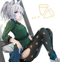 Rule 34 | 1girl, animal ear fluff, animal ears, arknights, exoius, flower, food, from side, grani (arknights), grani (miraculous moment) (arknights), green shirt, grey eyes, highres, hip vent, horse ears, horse tail, knees up, necktie, official alternate costume, open mouth, orange necktie, pizza, pizza slice, shirt, shoes, short hair, silver hair, simple background, sitting, solo, tail, white background, white flower