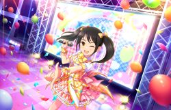 Rule 34 | 1girl, balloon, black hair, blush, bow, bowtie, brown eyes, coattails, collared dress, confetti, dress, dutch angle, feet out of frame, frilled dress, frills, game cg, hair bow, hands up, holding, holding microphone, idol, idolmaster, idolmaster cinderella girls, idolmaster cinderella girls starlight stage, lens flare, looking at viewer, microphone, multicolored clothes, multicolored dress, nakano yuka, official art, one eye closed, open mouth, outstretched arm, pink dress, pleated dress, short dress, short sleeves, sidelocks, solo, stage, stage lights, standing, tile floor, tiles, twintails, yellow bow, yellow bowtie, yellow dress