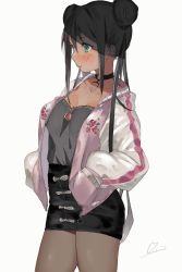 Rule 34 | black hair, blouse, breasts, choker, collarbone, double bun, floral print, green eyes, grey shirt, hair bun, hands in pockets, highres, large breasts, original, pantyhose, shirt, simple background, skirt, solo, strap, uni (melm), white background, zipper