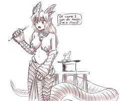 Rule 34 | 1girl, ahoge, animal hands, artist request, bare shoulders, breasts, bwsnowy, detached collar, dragon girl, english text, fins, hat, head fins, highres, horns, lamia, long hair, medium breasts, monochrome, monster girl, monster girl encyclopedia, open mouth, pun, rabbit, scales, simple background, solo, speech bubble, spot color, table, wand, white background, wurm (monster girl encyclopedia)