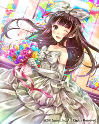 Rule 34 | 1girl, ;d, black hair, blush, bouquet, bow, bridal veil, dress, elbow gloves, flower, gloves, hair bow, hanekoto, one eye closed, open mouth, original, smile, solo, stained glass, veil, wedding dress, wink