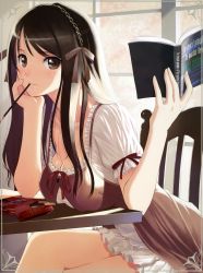 Rule 34 | 1girl, absurdres, book, breast rest, breasts, breasts on table, brown eyes, brown hair, chair, cleavage, copyright request, crossed legs, dress, english text, food, framed, frills, gathers, hair ribbon, hairband, head rest, highres, holding, large breasts, leaning forward, legs, light smile, looking at viewer, mouth hold, pocky, ribbon, sitting, smile, solo, studying, table, tony taka, window