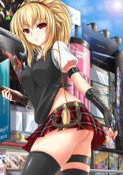 Rule 34 | 1girl, absurdres, arm strap, ass, bad id, bad pixiv id, blonde hair, blurry, breasts, building, capcom, cellphone, city, day, digital media player, female focus, fingerless gloves, gloves, hairband, highres, holding, horns, iphone, large breasts, lens flare, looking at viewer, miniskirt, monster hunter (series), oinari risuru, original, outdoors, phone, plaid, plaid skirt, red eyes, red hair, shirt, short hair, single horn, skirt, sky, smartphone, solo, staff, standing, sweater vest, thighhighs, thighs, tied shirt, weapon