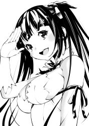 Rule 34 | 1girl, absurdres, arm ribbon, black hair, blush, breasts, cleavage, cleavage cutout, clothing cutout, commentary request, dress, dungeon ni deai wo motomeru no wa machigatteiru darou ka, fukushima masayasu, gloves, greyscale, hair ribbon, hand to head, hestia (danmachi), highres, large breasts, long hair, looking at viewer, monochrome, open mouth, pencil dress, rei no himo, ribbon, salute, simple background, solo, teeth, twintails, upper teeth only, white background, white dress, white gloves