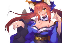Rule 34 | 10s, 1girl, animal ears, bare shoulders, blue ribbon, bow, breasts, cleavage, collarbone, commentary request, detached sleeves, fang, fate/extra, fate/grand order, fate (series), fingernails, fox ears, fox shadow puppet, fox tail, hair bow, hair ribbon, highres, japanese clothes, kamakura (clupeoidei), large breasts, multiple tails, one eye closed, open mouth, pink hair, ribbon, simple background, solo, tail, tamamo (fate), tamamo no mae (fate/extra), white background, yellow eyes