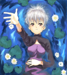 Rule 34 | 00s, 1girl, afloat, brown eyes, darker than black, from above, hand up, lily pad, long sleeves, looking at viewer, looking up, ponytail, silver hair, solo, spread fingers, upper body, water, yamamoto shima, yin (darker than black)