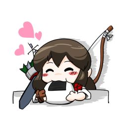 Rule 34 | 10s, 1girl, ^ ^, akagi (kancolle), bad id, bad pixiv id, bow (weapon), brown hair, chibi, closed eyes, food in mouth, gloves, heart, japanese clothes, kantai collection, kingguyver, long hair, partially fingerless gloves, partly fingerless gloves, quiver, short sleeves, simple background, solo, weapon, yugake