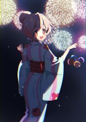 Rule 34 | 1girl, :d, aerial fireworks, brown eyes, chromatic aberration, commentary, fireworks, floral print, from behind, grey hair, hair bun, hair up, highres, japanese clothes, kimono, looking at viewer, looking back, motituki0, onii-chan wa oshimai!, open mouth, oyama mahiro, paid reward available, print kimono, sash, smile, solo, water balloon, wide sleeves, yukata