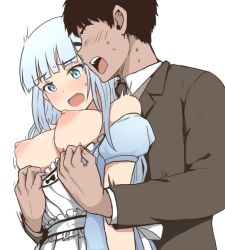 Rule 34 | 1boy, 1girl, assisted exposure, black hair, blue eyes, blue hair, blush, breasts, clothes pull, commentary request, faceless, faceless male, idolmaster, idolmaster million live!, idolmaster million live! theater days, long sleeves, medium breasts, nipples, open mouth, puffy short sleeves, puffy sleeves, pulling another&#039;s clothes, shiraishi tsumugi, short sleeves, simple background, sweat, upanishi mariko, upper body, white background