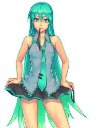 Rule 34 | 1girl, alternate hairstyle, aqua hair, bad id, bad pixiv id, bare shoulders, hair down, hatsune miku, long hair, mouth hold, necktie, solo, very long hair, vocaloid, yuuji (and)
