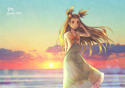 Rule 34 | 1girl, arm behind back, bad id, bad pixiv id, blue dress, brown eyes, brown hair, closed mouth, cloud, collarbone, creatures (company), dress, floating hair, game freak, hair ornament, hand in own hair, jasmine (pokemon), long dress, long hair, nintendo, ocean, ooki1089, orange neckwear, outdoors, pokemon, pokemon hgss, smile, snake, solo, sundress, sunset, two side up, very long hair, white snake, wind, wind lift