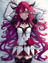 Rule 34 | 1girl, absurdres, arm behind head, armpits, arms up, bed sheet, black choker, black thighhighs, blue eyes, breasts, choker, cleavage, cowboy shot, dakimakura (medium), detached sleeves, earrings, from above, gradient hair, hair between eyes, heterochromia, highres, hololive, hololive english, horns, irys (irys 2.0) (hololive), irys (hololive), jerrytz, jewelry, long hair, long sleeves, looking at viewer, lying, medium breasts, miniskirt, multicolored hair, on back, open mouth, pointy ears, purple hair, red eyes, red hair, red skirt, shirt, skirt, sleeveless, sleeveless shirt, solo, thigh strap, thighhighs, very long hair, virtual youtuber, white shirt, white sleeves