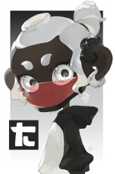 Rule 34 | 1girl, a a2001214, black background, border, commentary request, dark-skinned female, dark skin, earrings, glint, gradient background, grey background, highres, jewelry, logo, looking at viewer, nintendo, octoling, octoling girl, octoling player character, ponytail, red mask, short hair, simple background, solo, splatoon (series), splatoon 2, tentacle hair, thick eyebrows, two-tone background, upper body, very dark skin, white border, white eyes, white hair