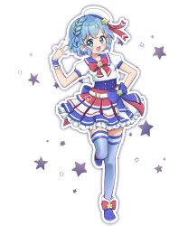 Rule 34 | 1girl, :d, blue eyes, blue footwear, blue hair, blue thighhighs, braid, chii (chi pppuri), commentary request, dorothy west, dress, frilled dress, frills, full body, hand on own hip, hand up, hat, highres, idol clothes, looking at viewer, open mouth, outline, pretty series, pripara, sailor hat, shoes, short hair, side braid, simple background, smile, solo, standing, standing on one leg, star (symbol), thighhighs, white background, white hat, white outline, wrist cuffs