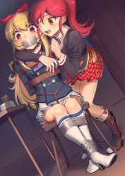 Rule 34 | 2girls, absurdres, aikatsu!, aikatsu! (series), arm around neck, arms behind back, artist name, bdsm, black jacket, blonde hair, blue jacket, blue legwear, blush, bondage, boots, bound, bound ankles, bound arms, bow, bowtie, breasts, brown footwear, buttons, chair, commission, controller, crotch rope, door, female focus, femdom, footwear bow, frilled legwear, full body, gag, gagged, grabbing, grabbing another&#039;s breast, hair bow, hand up, happy, high heels, highres, holding, holding remote control, hoshimiya ichigo, improvised gag, indoors, jacket, juliet sleeves, kaddo, knee boots, kneehighs, leaning forward, legs together, long hair, long sleeves, looking at another, looking down, miniskirt, multiple girls, neck ribbon, nervous, on chair, open mouth, orange eyes, otoshiro seira, outline, panties, pantyshot, plaid, plaid skirt, pleated skirt, pocket, ponytail, puffy sleeves, red bow, red eyes, red hair, red ribbon, red skirt, remote control, remote control vibrator, ribbon, rope, school uniform, sex toy, shirt, sidelocks, signature, sitting, skirt, small breasts, smile, socks, standing, sweat, table, tape, tape gag, tears, teeth, thigh strap, tongue, underwear, upskirt, vibrator, vibrator cord, vibrator under clothes, white footwear, white panties, white shirt, white skirt, yuri