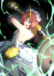 Rule 34 | 1girl, :o, angry, bare back, bare shoulders, black veil, blue eyes, breasts, chaton (m-u-chaton8812), commentary request, dress, elbow gloves, electricity, fate/apocrypha, fate (series), flower, frankenstein&#039;s monster (fate), gloves, hair flower, hair ornament, heterochromia, highres, holding, holding weapon, horns, long dress, looking at viewer, mace, parted bangs, pink hair, rose, short hair, single horn, sleeveless, sleeveless dress, small breasts, solo, veil, weapon, white dress, white flower, white gloves, white rose, yellow eyes