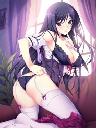 Rule 34 | 1girl, amahara izumo, areola slip, ass, black bra, black hair, black panties, blue bra, bow, bow bra, bra, breasts, cleavage, couch, garter straps, hand on own hip, harahara shichau!, highres, hip focus, iizuki tasuku, jpeg artifacts, lace, lace-trimmed bra, lace trim, large breasts, legs, lingerie, long hair, looking back, naughty face, panties, pantyshot, purple eyes, skirt, solo, source request, thighhighs, thighs, underwear, upskirt, white thighhighs, window