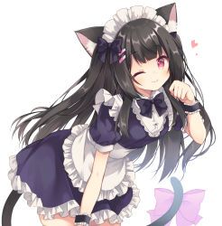 Rule 34 | 1girl, ;), animal ear fluff, animal ears, apron, bent over, black bow, black dress, black hair, blue bow, blue bowtie, blue dress, blunt bangs, blush, bow, bowtie, breasts, cat ears, cat girl, cat tail, closed mouth, collared dress, commentary request, commission, dress, frilled apron, frilled dress, frills, hair bow, hair ornament, hair over shoulder, hairclip, hand up, heart, highres, leaning forward, long hair, looking at viewer, maid, maid headdress, one eye closed, original, paw pose, pink bow, pink eyes, puffy short sleeves, puffy sleeves, purinpurin, red bow, red eyes, short dress, short sleeves, simple background, skeb commission, small breasts, smile, solo, standing, tail, tail bow, tail ornament, two-tone dress, very long hair, white apron, white background, white dress, wrist cuffs