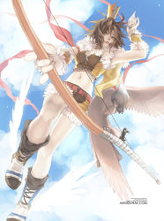 Rule 34 | 1girl, arrow (projectile), belt, bird, boots, bow, bow (weapon), brown hair, cloud, crop top, day, midriff, navel, ragnarok online, shilin, shoes, shorts, sky, sniper (ragnarok online), solo, weapon, winged footwear, wings, yellow eyes