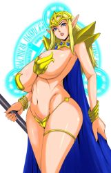 Rule 34 | 1girl, armlet, armor, blonde hair, blue eyes, bracelet, breasts, cape, capelet, chaos breaker, collar, dashigara 100, elf, fina (chaos breaker), helmet, jewelry, large breasts, lipstick, long hair, lots of jewelry, makeup, nail polish, panties, pointy ears, shoulder pads, solo, staff, thigh strap, thong, underwear