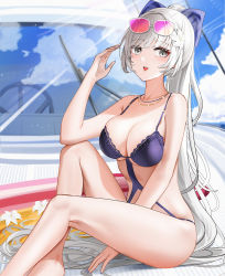 Rule 34 | 1girl, azur lane, bare arms, bare legs, bare shoulders, blue bow, blue sky, blush, boat, bow, breasts, chain, chain necklace, cleavage, cloud, day, elbow rest, eyewear on head, feet out of frame, flower, grey eyes, hair bow, hair flower, hair intakes, hair ornament, highres, jewelry, lace, lace-trimmed swimsuit, lace trim, large breasts, long hair, looking at viewer, monokini, necklace, official alternate costume, one-piece swimsuit, outdoors, parted lips, ponytail, purple one-piece swimsuit, qing wu, sky, solo, swimsuit, tinted eyewear, vittorio veneto (azur lane), vittorio veneto (the flower of la spezia) (azur lane), watercraft, white-framed eyewear, white flower, white hair