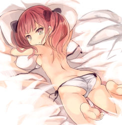 Rule 34 | 1girl, ass, bare legs, barefoot, bed sheet, bikini, black bow, bow, breasts, butt crack, from behind, grey eyes, hair bow, kurasuke, legs up, long hair, looking at viewer, looking back, lying, nipples, hugging object, on stomach, original, pillow, pillow hug, red eyes, shoulder blades, side-tie bikini bottom, small breasts, solo, swimsuit, topless, twintails, untied bikini, white bikini