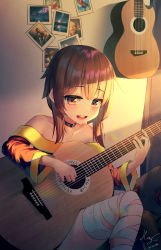 Rule 34 | 1girl, :d, absurdres, artist name, bandaged leg, bandages, bare shoulders, black choker, brown hair, choker, collarbone, commentary request, copyright name, dated, dress, guitar, highres, holding, indoors, instrument, kono subarashii sekai ni shukufuku wo!, long sleeves, megumin, open mouth, photo (object), red dress, red eyes, signature, smile, sunlight, teeth, translation request, upper teeth only, yansae81