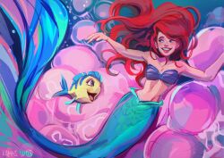 Rule 34 | 1girl, 2023, ariel (disney), artist name, blue eyes, blue tail, blush, bubble, collarbone, derivative work, fish, floating hair, flounder (the little mermaid), hair behind ear, highres, jellyfish, kammi lu, long hair, looking to the side, mermaid, monster girl, navel, open mouth, parted lips, red hair, screenshot redraw, shell, shell bikini, smile, solo focus, the little mermaid, the little mermaid (2023), underwater, very long hair