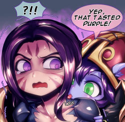 Rule 34 | !?, 2girls, :p, animal ears, blue skin, colored skin, english text, facial mark, green eyes, hand on another&#039;s shoulder, hat, kai&#039;sa, league of legends, licking, lulu (league of legends), meme, multiple girls, open mouth, phantom ix row, purple eyes, purple hair, scared, speech bubble, sweatdrop, taste of a liar (meme), tears, text focus, tongue, tongue out, trembling, wavy mouth, witch hat, yordle