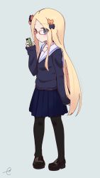Rule 34 | 1girl, abigail williams (fate), alternate costume, black bow, black footwear, black pantyhose, blonde hair, blue background, blue eyes, blue shirt, blue skirt, blush, bow, cellphone, closed mouth, collarbone, commentary request, fate/grand order, fate (series), forehead, full body, glasses, hair bow, highres, holding, holding phone, kujou karasuma, loafers, long hair, long sleeves, multiple hair bows, orange bow, pantyhose, parted bangs, phone, pleated skirt, polka dot, polka dot bow, red-framed eyewear, sailor collar, school uniform, serafuku, shirt, shoes, signature, simple background, skirt, sleeves past wrists, solo, standing, very long hair, white sailor collar