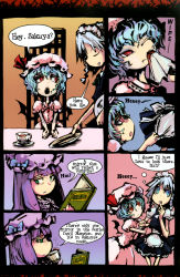 Rule 34 | 3girls, blue eyes, blush, book, braid, comic, female focus, genocide kitten, gradient background, hard-translated, hat, izayoi sakuya, left-to-right manga, long hair, maid, multiple girls, patchouli knowledge, remilia scarlet, short hair, third-party edit, tiles, touhou, translated, wings