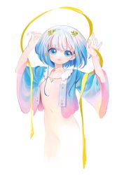 Rule 34 | 1girl, blue eyes, blue hair, blue jacket, bottomless, crop top, cropped legs, flat chest, flower, gradient hair, hair flower, hair ornament, hands up, jacket, jewelry, kaede (shijie heping), looking at viewer, multicolored hair, navel, necklace, open clothes, open jacket, original, parted lips, ribbon, short hair with long locks, sketch, solo, white hair, wide sleeves, yellow ribbon