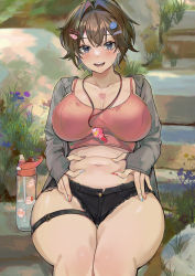 Rule 34 | 1girl, :d, absurdres, belly, belly grab, black shorts, blue eyes, blush, bottle, breasts, brown hair, camisole, cleavage, collarbone, curvy, day, feet out of frame, flower, grey jacket, hair ornament, hairclip, highres, jacket, jintianhuahualema, large breasts, long sleeves, looking at viewer, multicolored nails, nail polish, navel, open clothes, open jacket, open mouth, original, outdoors, plump, short hair, short shorts, shorts, sitting, smile, solo, stairs, stomach, tattoo, teeth, thigh gap, thigh strap, upper teeth only, whistle, whistle around neck
