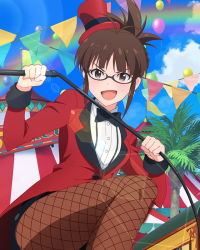 Rule 34 | 10s, 1girl, akizuki ritsuko, artist request, brown eyes, brown hair, fishnet pantyhose, fishnets, glasses, hat, idolmaster, idolmaster (classic), idolmaster million live!, official art, open mouth, pantyhose, smile, solo, top hat, whip