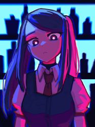 Rule 34 | 1girl, :&lt;, bangs pinned back, bar (place), bartender, black hair, breasts, bright pupils, chromatic aberration, closed mouth, collared shirt, hcnone, highres, jill stingray, limited palette, long hair, looking at viewer, looking down, medium breasts, necktie, puffy short sleeves, puffy sleeves, red necktie, shirt, short sleeves, sleeveless, sleeveless jacket, solo, twintails, upper body, va-11 hall-a, white pupils, white shirt