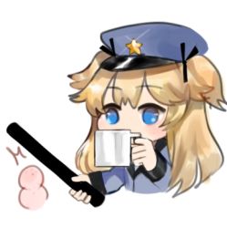 Rule 34 | 1girl, ^^^, bad id, bad pixiv id, baton (weapon), black ribbon, blonde hair, blue eyes, blue hat, blue jacket, blush, commentary request, cropped torso, cup, dokomon, girls&#039; frontline, hair ribbon, hat, head bump, holding, holding cup, jacket, korean commentary, long hair, long sleeves, lowres, mug, peaked cap, ribbon, simple background, solo, super-shorty (girls&#039; frontline), two side up, upper body, weapon, white background