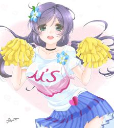 Rule 34 | 10s, 1girl, aqua eyes, artist name, breasts, cheerleader, choker, cowboy shot, flower, frapowa, hair flower, hair ornament, happy maker!, highres, large breasts, looking at viewer, love live!, love live! school idol festival, love live! school idol project, low twintails, pom pom (cheerleading), purple hair, signature, skirt, solo, tojo nozomi, twintails