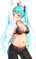 Rule 34 | 1girl, aqua eyes, aqua hair, arm up, bad id, bad pixiv id, black pants, blush, bra, breasts, chain, chained, cleavage, collarbone, cowboy shot, hachinatsu, hatsune miku, highres, long hair, medium breasts, navel, number tattoo, open clothes, open fly, open shirt, panties, pants, restrained, shirt, solo, stomach, striped bra, striped clothes, striped panties, tattoo, twintails, underwear, unzipped, very long hair, vocaloid, white background