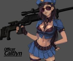 Rule 34 | 1girl, alternate costume, bad id, bad pixiv id, between breasts, black bra, bra, breasts, brown hair, caitlyn (league of legends), character name, cleavage, collar, crop top, elpenlit, fingerless gloves, glasses, gloves, grey background, gun, hand on own hip, hat, league of legends, long hair, midriff, navel, necktie, officer caitlyn, open clothes, parted lips, peaked cap, police, police hat, police uniform, policewoman, rifle, scope, shiny skin, skirt, sniper rifle, solo, sunglasses, thigh strap, underwear, uniform, weapon