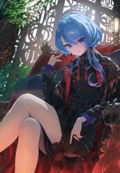 Rule 34 | 1girl, asymmetrical hair, atatatatame01, belt, black belt, black coat, black dress, blue eyes, blue hair, breasts, chair, closed mouth, coat, commentary, crossed legs, dress, earrings, feet out of frame, gun, hanafuda earrings, hand up, highres, holding, holding gun, holding weapon, hololive, hoshimachi suisei, hoshimachi suisei (oriental suit), jewelry, licking lips, light blue hair, long sleeves, looking at viewer, machine gun, official alternate costume, open clothes, open coat, padded coat, plant, potted plant, ring, short hair with long locks, sitting, small breasts, smile, solo, star (symbol), star in eye, swept bangs, symbol in eye, tassel, tongue, tongue out, trigger discipline, two-sided coat, two-sided fabric, virtual youtuber, weapon