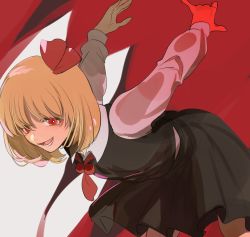 Rule 34 | 1girl, black dress, blonde hair, dress, hair ribbon, hands up, highres, kerok (joniko1110), long sleeves, looking at viewer, necktie, open mouth, red background, red eyes, red necktie, red ribbon, ribbon, rumia, short hair, smile, solo, standing, touhou, white background, white sleeves