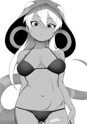 1girl absurdres bikini blush breasts cameltoe commentary dark-skinned_female dark_skin greyscale hair_between_eyes highres hood hood_up kemono_friends king_cobra_(kemono_friends) large_breasts long_hair looking_at_viewer masuyama_ryou monochrome navel simple_background snake_girl snake_hood snake_tail solo swimsuit tail