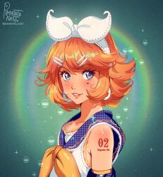 Rule 34 | 1girl, absurdres, bare shoulders, blonde hair, blue eyes, blue sailor collar, bow, cel shading, collarbone, detached sleeves, flat chest, gold trim, green background, hair bow, hair ornament, hairclip, headphones, headset, heart, highres, kagamine rin, looking at viewer, neckerchief, number tattoo, parted lips, pimienta kast, pink lips, red pupils, sailor collar, short hair, shoulder tattoo, smile, solo, tattoo, vocaloid, white bow, yellow neckerchief