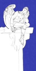 Rule 34 | 1boy, angel, angel wings, blue background, boots, chengongzi123, closed mouth, commentary, elbow rest, english commentary, feathered wings, full body, golden kamuy, head rest, highres, jacket, koito otonoshin, long sleeves, looking up, male focus, military uniform, pants, partially colored, pillar, short hair, sitting, uniform, very short hair, wings