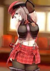 Rule 34 | 1girl, alisa ilinichina amiella, arm up, armpits, bare shoulders, blue eyes, blush, breasts, chicken (chickenx), elbow gloves, fingerless gloves, gloves, god eater, graphite (medium), hat, highres, large breasts, long hair, mechanical pencil, midriff, navel, panties, pantyhose, pantyshot, pencil, silver hair, skirt, sleeveless, solo, suspender skirt, suspenders, thighhighs, traditional media, underwear