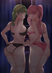 Rule 34 | 2girls, :d, absurdres, ass, ass cutout, bandana, bare shoulders, black bra, black panties, blush, bra, braid, breasts, butt crack, clothing cutout, commission, fire emblem, fire emblem: the blazing blade, from behind, glowing, glowing eyes, green eyes, green hair, highres, holding hands, indoors, lingerie, looking at viewer, looking back, medium breasts, multiple girls, nabunabu, night, night sky, nintendo, open mouth, panties, pink bra, pink eyes, pink hair, pink panties, rebecca (fire emblem), serra (fire emblem), sideboob, sky, smile, twintails, underwear, window